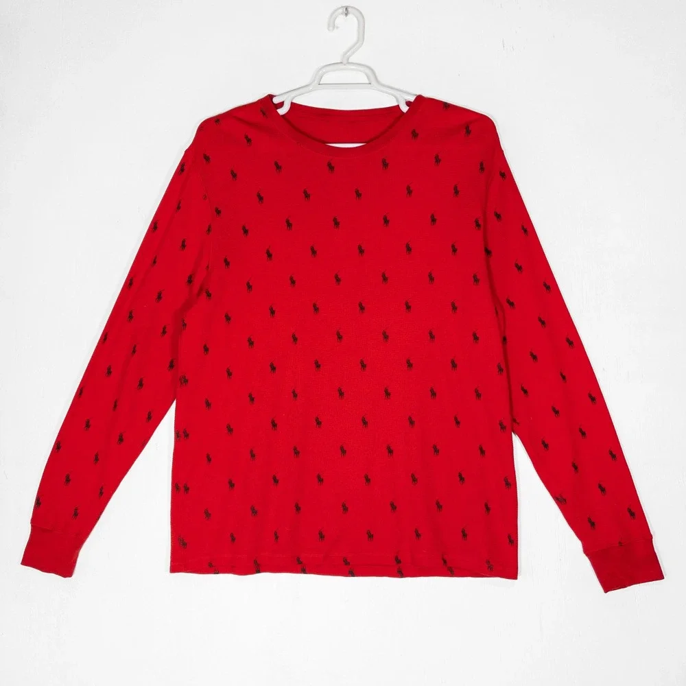 Polo Ralph Lauren Red All Over Pony Logo Waffle Knit Thermal Shirt Mens XL